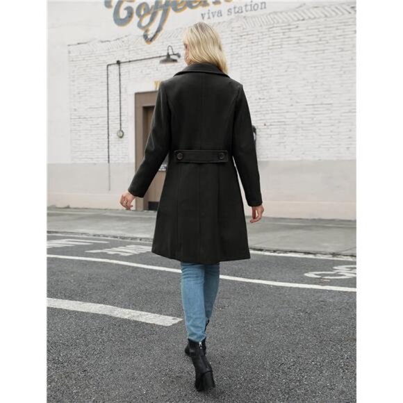 Women Winter Wool Blend Camel Mid-Long Coat Notch Double-Breasted Lapel - Picture 5 of 7